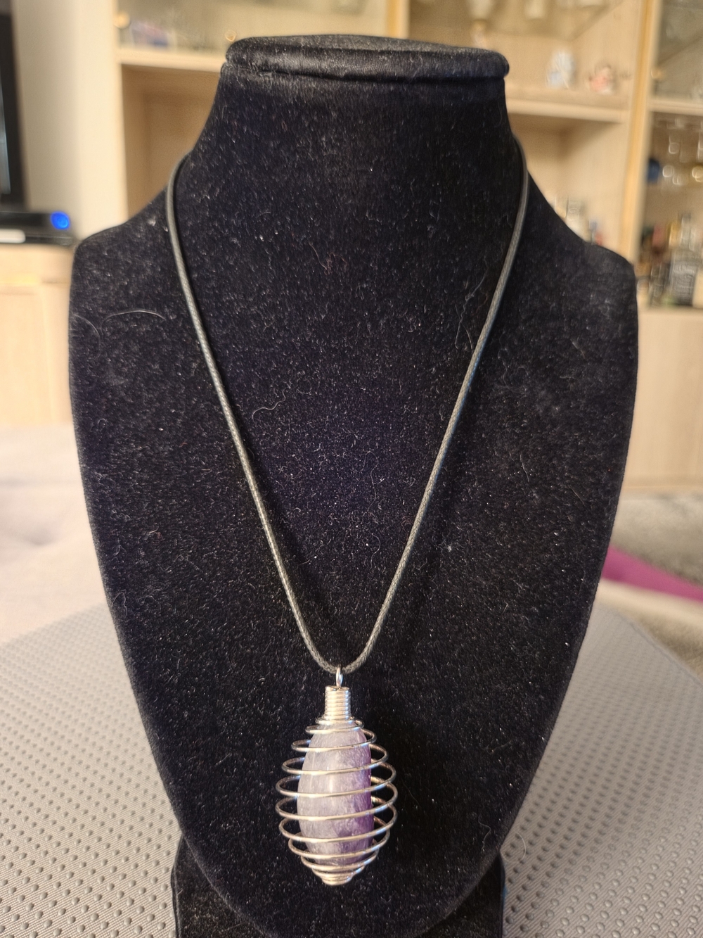 Amethyst Crystal Cage Pendant Necklace - Purple 9" Cord.